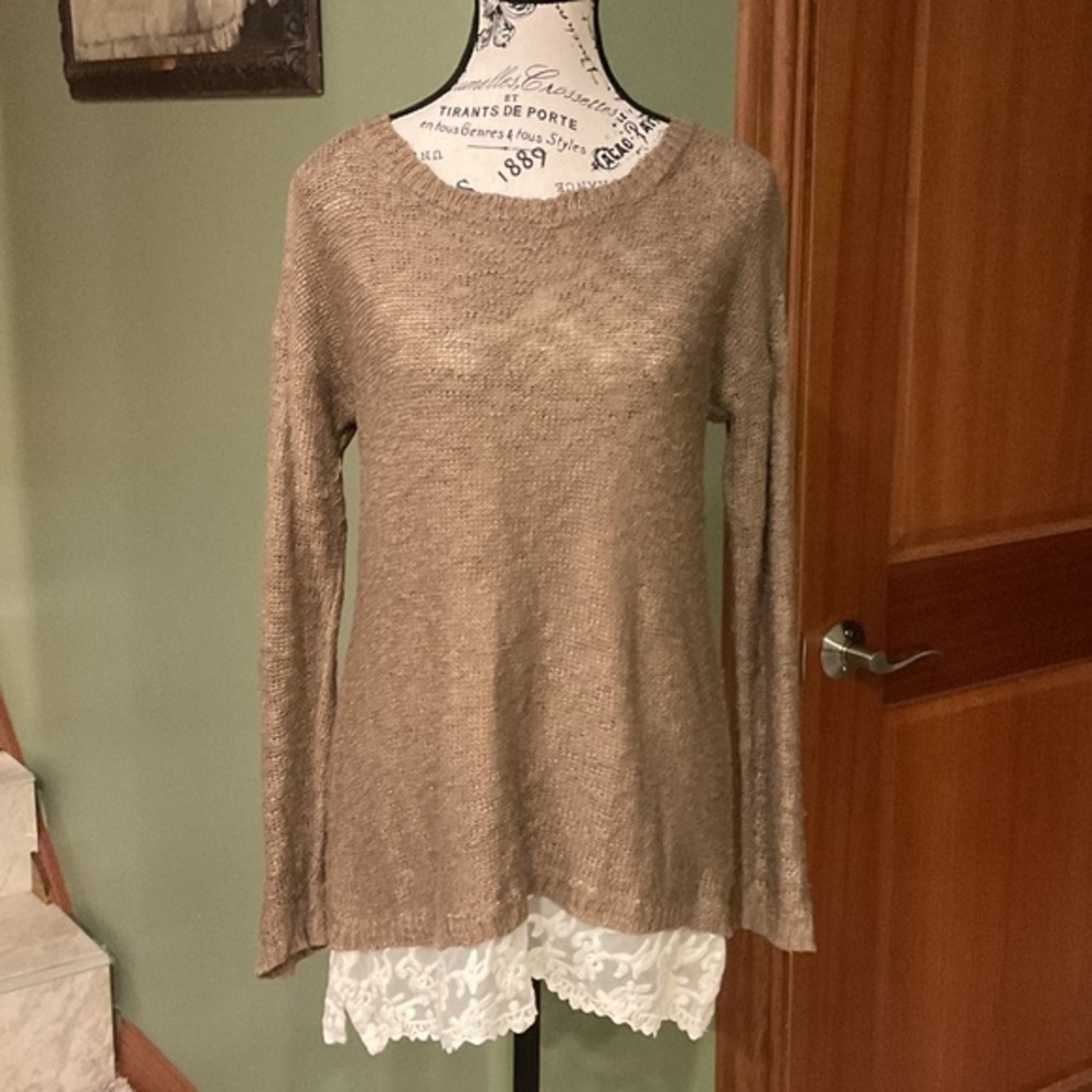 Hippie Rose Brown Sweater with Lace Detail, Size L